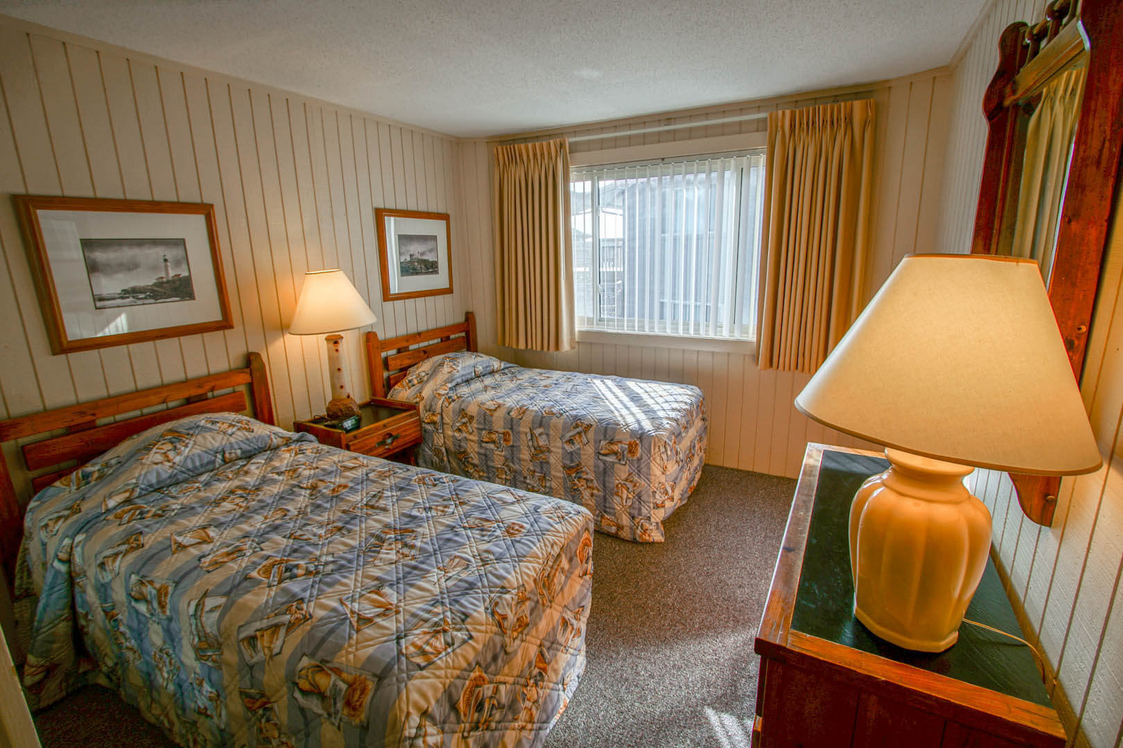 A cozy 2 bedroom with double beds at VRI's Outer Banks Beach Club in North Carolina.